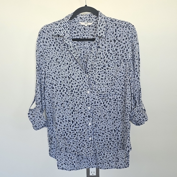 Next White Blue Stripe Splatter Print Roll Tab Sleeve Button Up Blouse Medium - Picture 1 of 13